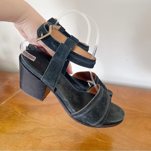 Billy Reid • black suede block heel sandals ankle strap leather stacked buckle - Picture 6 of 8